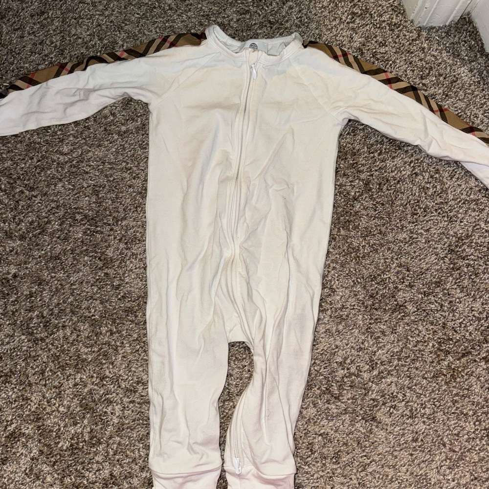 Burberry White One Piece with Patterned Sleeves